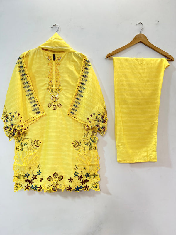 Cutwork Embroidered 3PC (Cotton Lawn) 04-Yellow