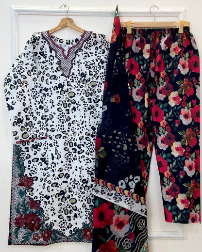 Embroidered Wild Rose 3PC (Premium Cotton) D-212