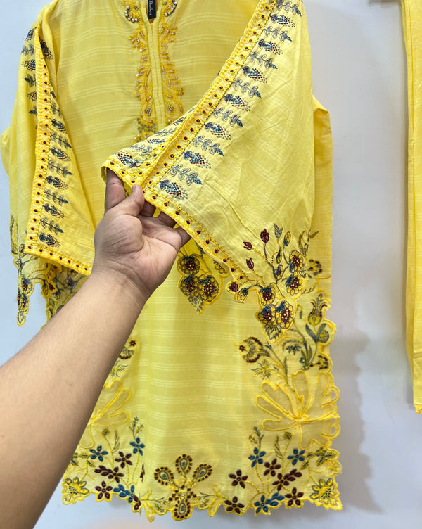 Cutwork Embroidered 3PC (Cotton Lawn) 04-Yellow