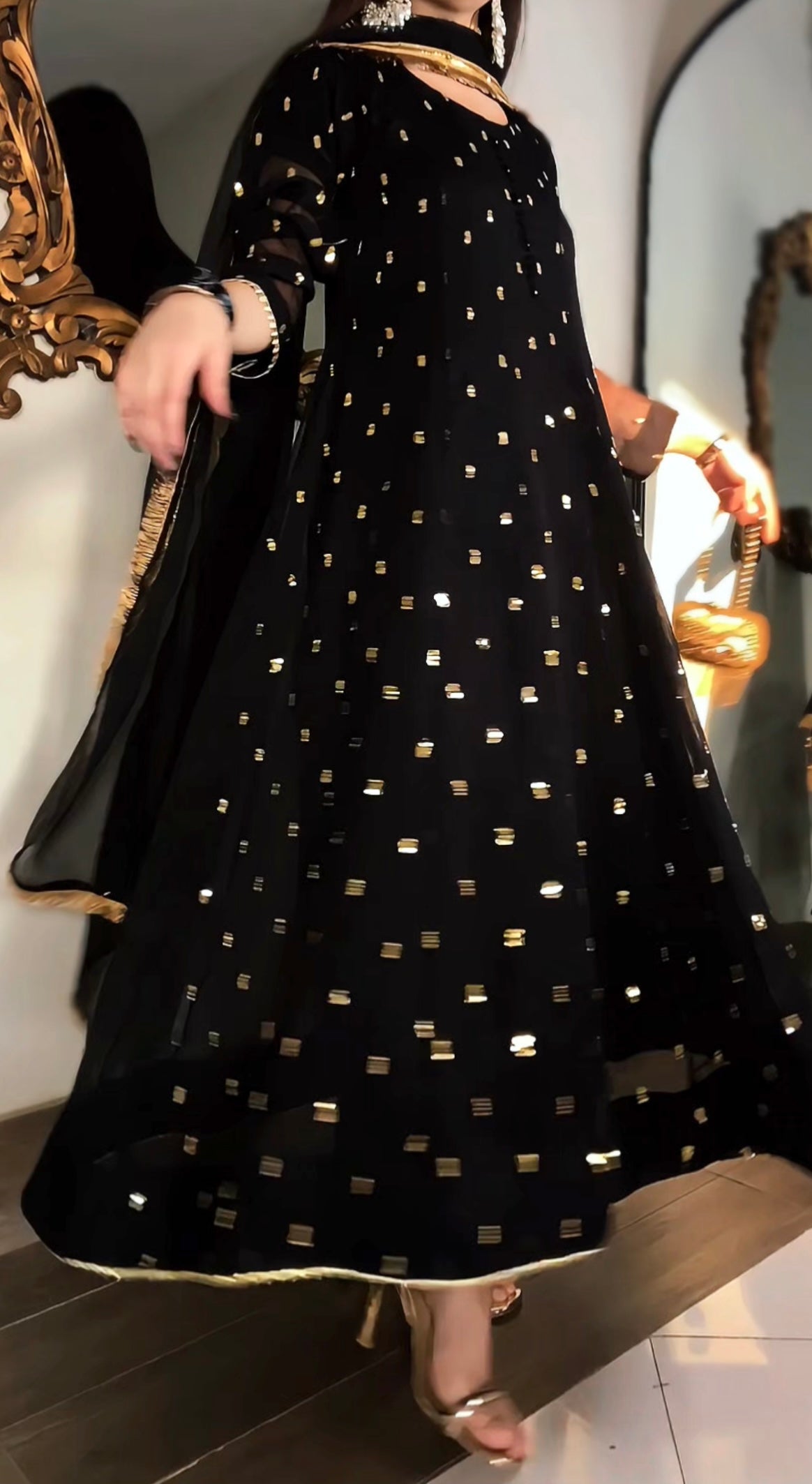 Golden Sparkle Flared Frock 3PC (Chiffon) D-308