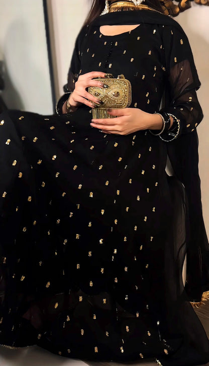 Golden Sparkle Flared Frock 3PC (Chiffon) D-308
