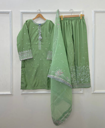 “Dhanak” Embroidered 3PC (Cotton Silk) D-407