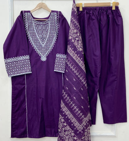 Taj Embroidered 3PC (Premium Cotton) D-458