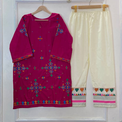 Strawberry Embroidered 2PC (Premium Cotton) D-348
