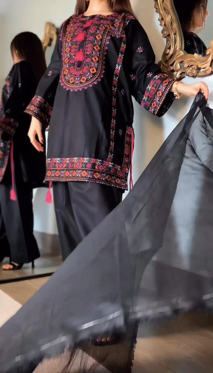 Black Balochi 3PC (Cotton) (Hit Code) D-338