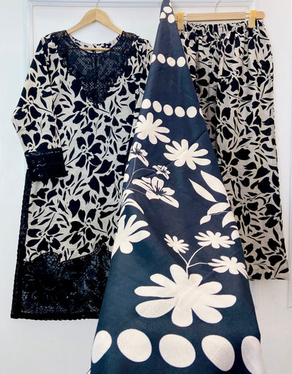 Black Swan Embroidered 3PC (Premium Cotton) D-337