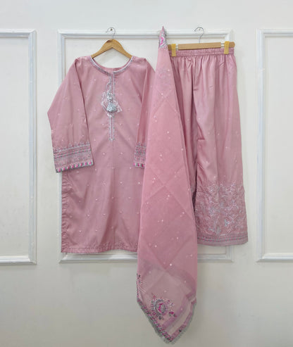 “Dhanak” Embroidered 3PC (Cotton Silk) D-407