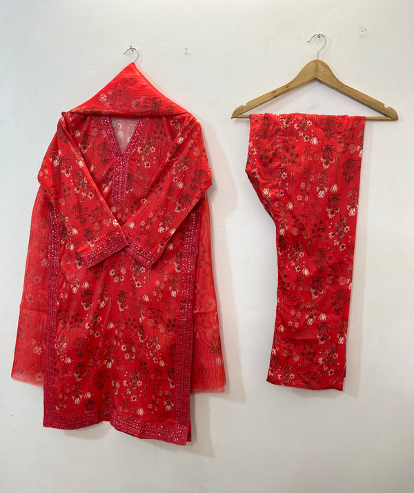 Embroidered 3PC (Lawn) 01-Hot Red