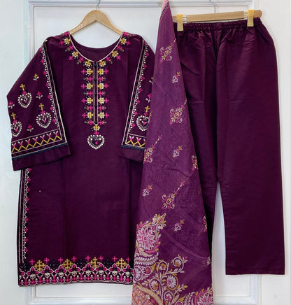 Gorgeously Embroidered 3PC (Premium Cotton) D-355