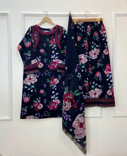 Embroidered Floral Midnight 3PC (Best Seller) (Khaddar) D-208