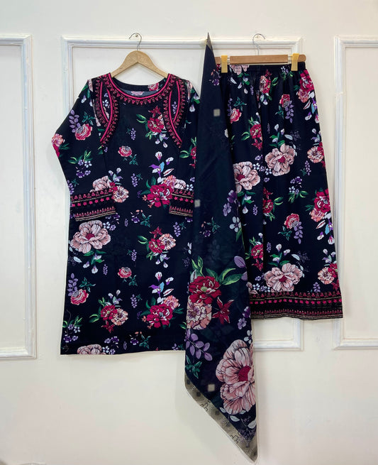 Embroidered Floral Midnight 3PC (Best Seller) (Khaddar) D-208
