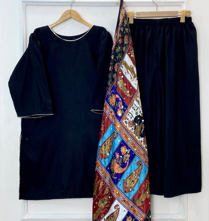 Glamorous 3PC With Mirror Work Shawl (Flowy Silk) D-321