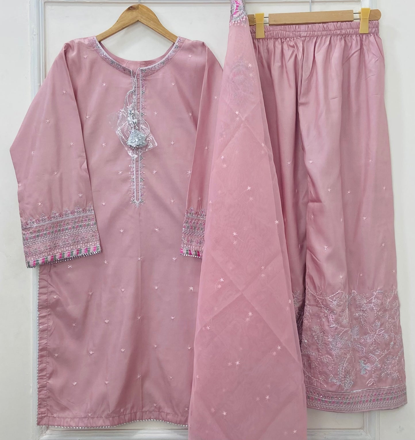 “Dhanak” Embroidered 3PC (Cotton Silk) D-407
