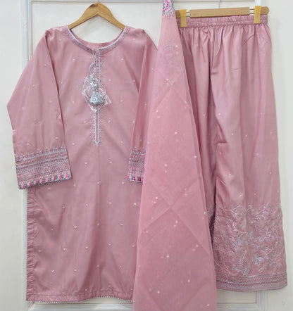 “Dhanak” Embroidered 3PC (Cotton Silk) D-407