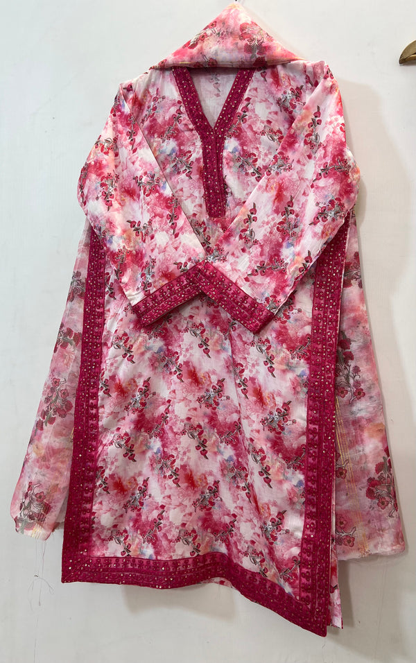 Embroidered 3PC (Lawn) 01-Redish Pink