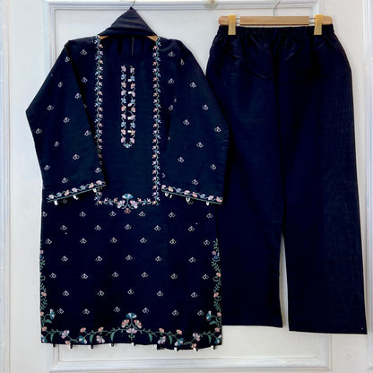 Cross-Stitched Petals Embroidered 3PC (Cotton)D-172