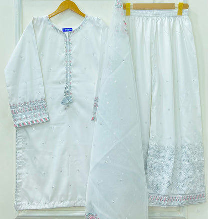 “Dhanak” Embroidered 3PC (Cotton Silk) D-407
