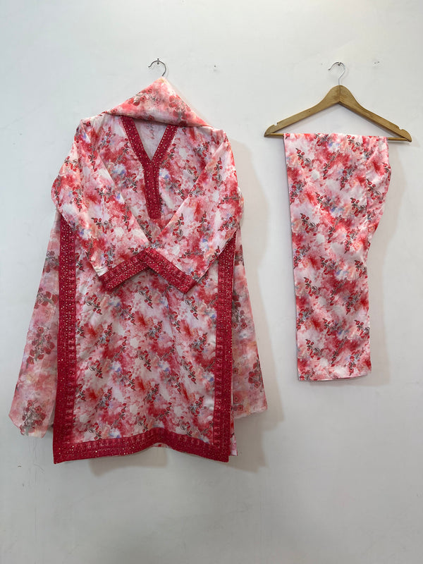 Embroidered 3PC (Lawn) 01-Redish Pink