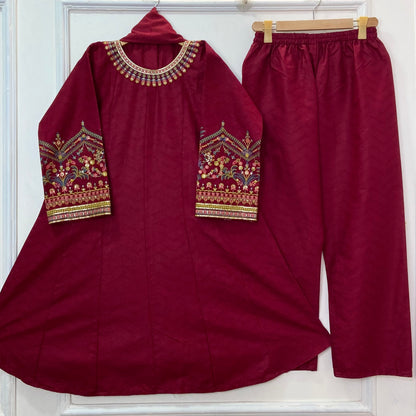 Wonder Embroidered Frock 3PC (Premium Cotton) D-272