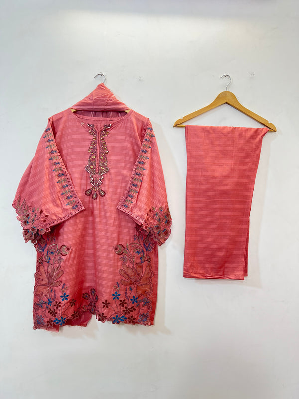Cutwork Embroidered 3PC (Cotton Lawn) 04-Tea Pink