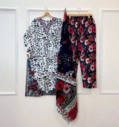 Embroidered Wild Rose 3PC (Premium Cotton) D-212