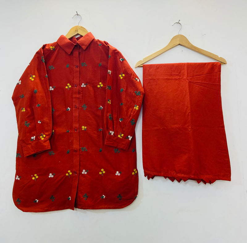 Collar Style Embroidered Co-ord Set (Cotton Lawn) D-53