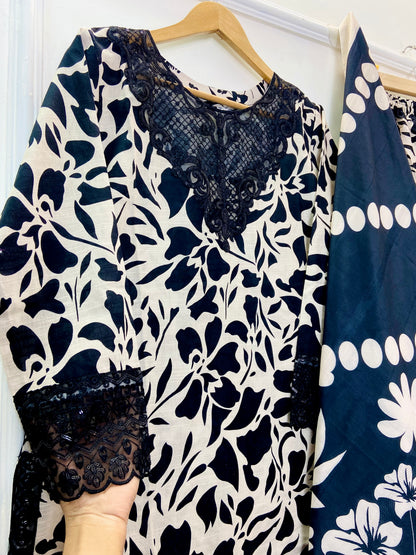 Black Swan Embroidered 3PC (Premium Cotton) D-337
