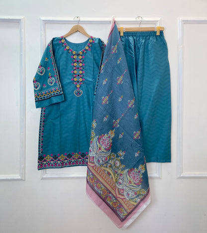 Gorgeously Embroidered 3PC (Premium Cotton) D-355