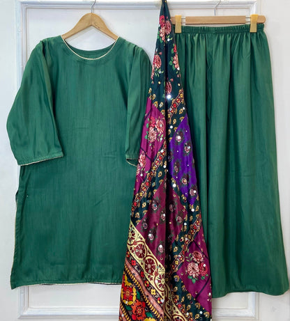 Glamorous 3PC With Mirror Work Shawl (Flowy Silk) D-321