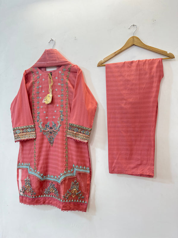 Embroidered 3PC (Cotton Lawn) 03-Tea Pink