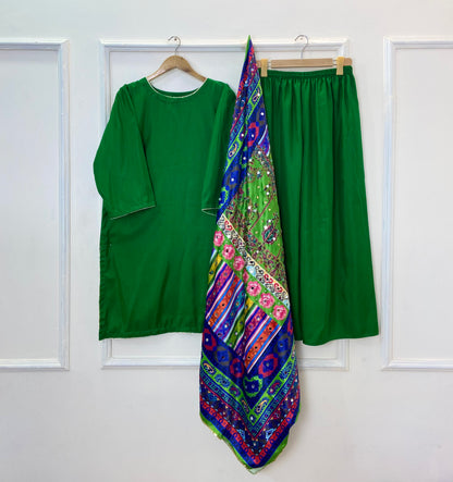 Glamorous 3PC With Mirror Work Shawl (Flowy Silk) D-321
