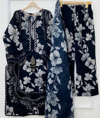 Black Rose Embroidered 3PC (Premium Cotton) D-436