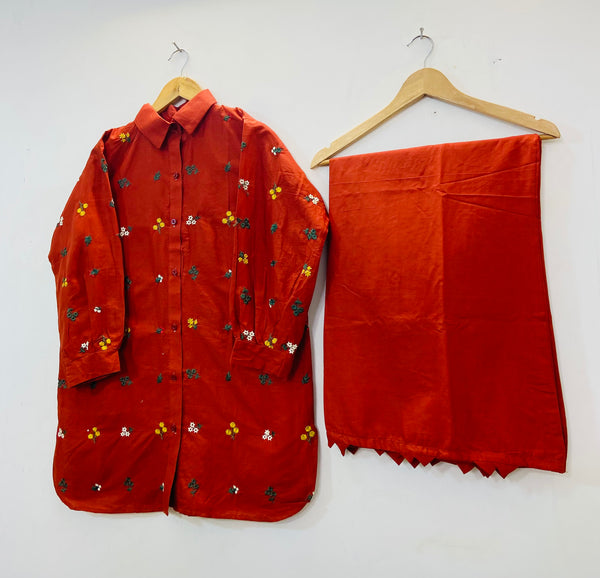 Collar Style Embroidered Co-ord Set (Cotton Lawn) D-53