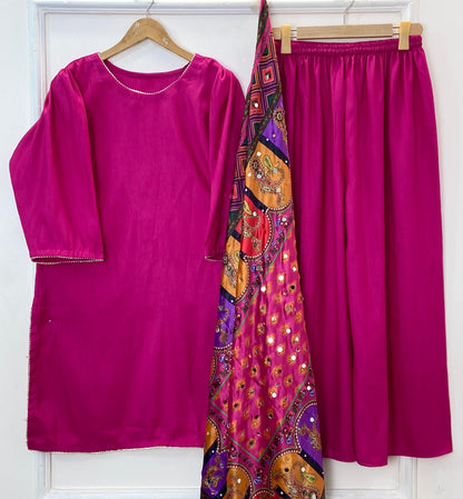 Glamorous 3PC With Mirror Work Shawl (Flowy Silk) D-321
