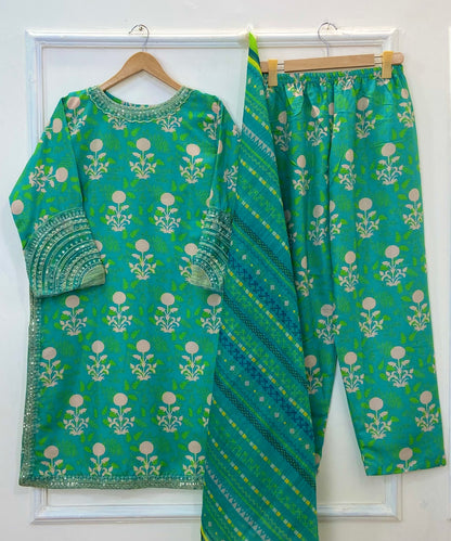 Emerald Embroidered 3PC (Bana Dora Silk) D-370
