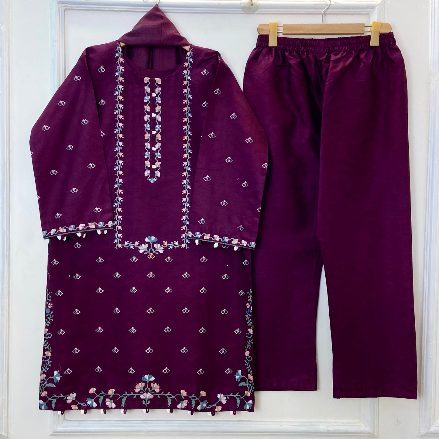 Cross-Stitched Petals Embroidered 3PC (Cotton)D-172