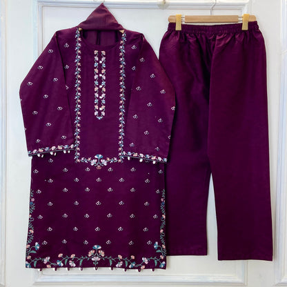 Cross-Stitched Petals Embroidered 3PC (Cotton)D-172