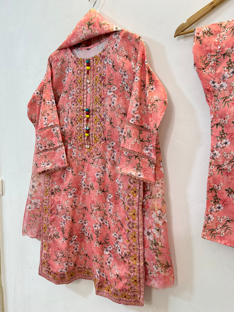 Embroidered 3PC (Lawn) 02-Salmon Pink