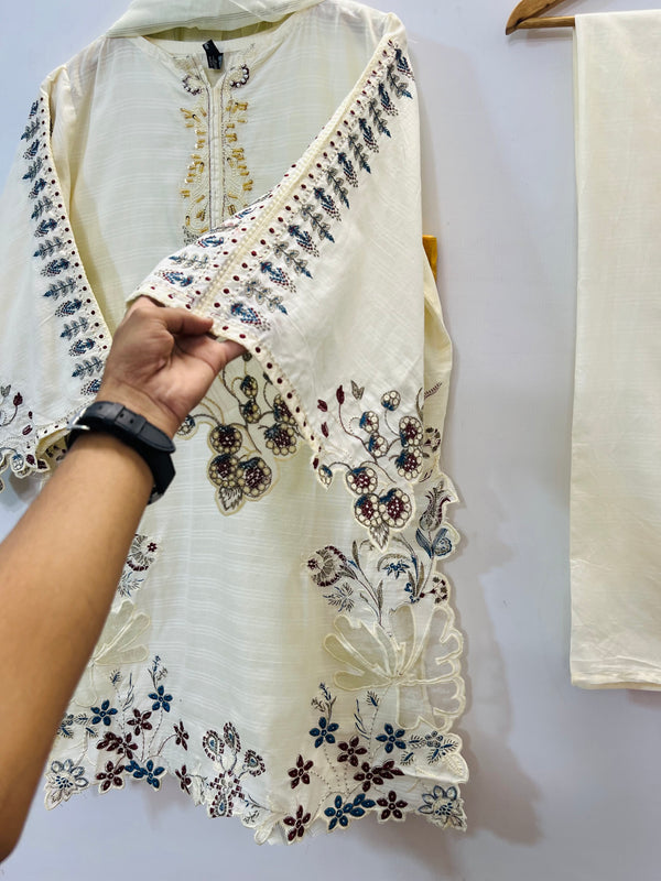Cutwork Embroidered 3PC (Cotton Lawn) 04-White