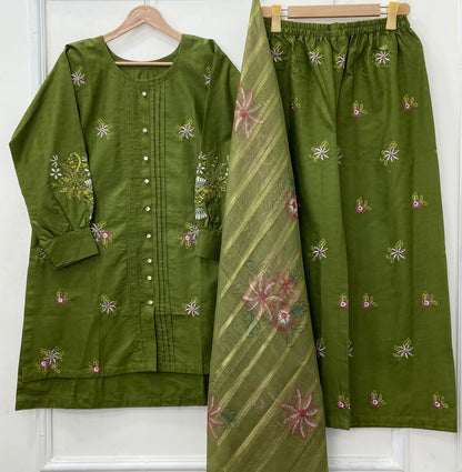 Embroidered Co-Ord Set 3PC (Premium Cotton) D-466