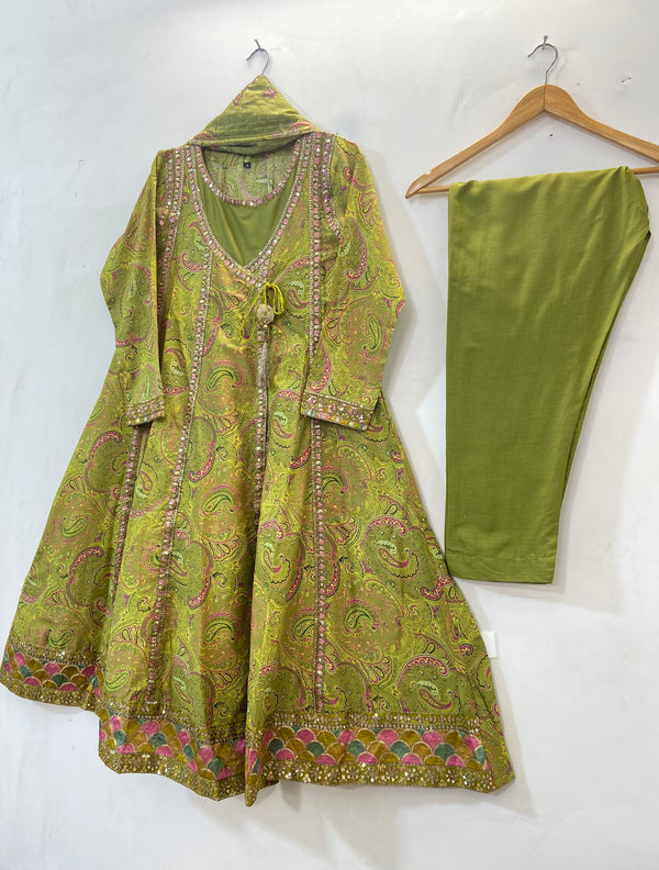 Olive Green Flared Fantacy (Premium Lawn) D-36