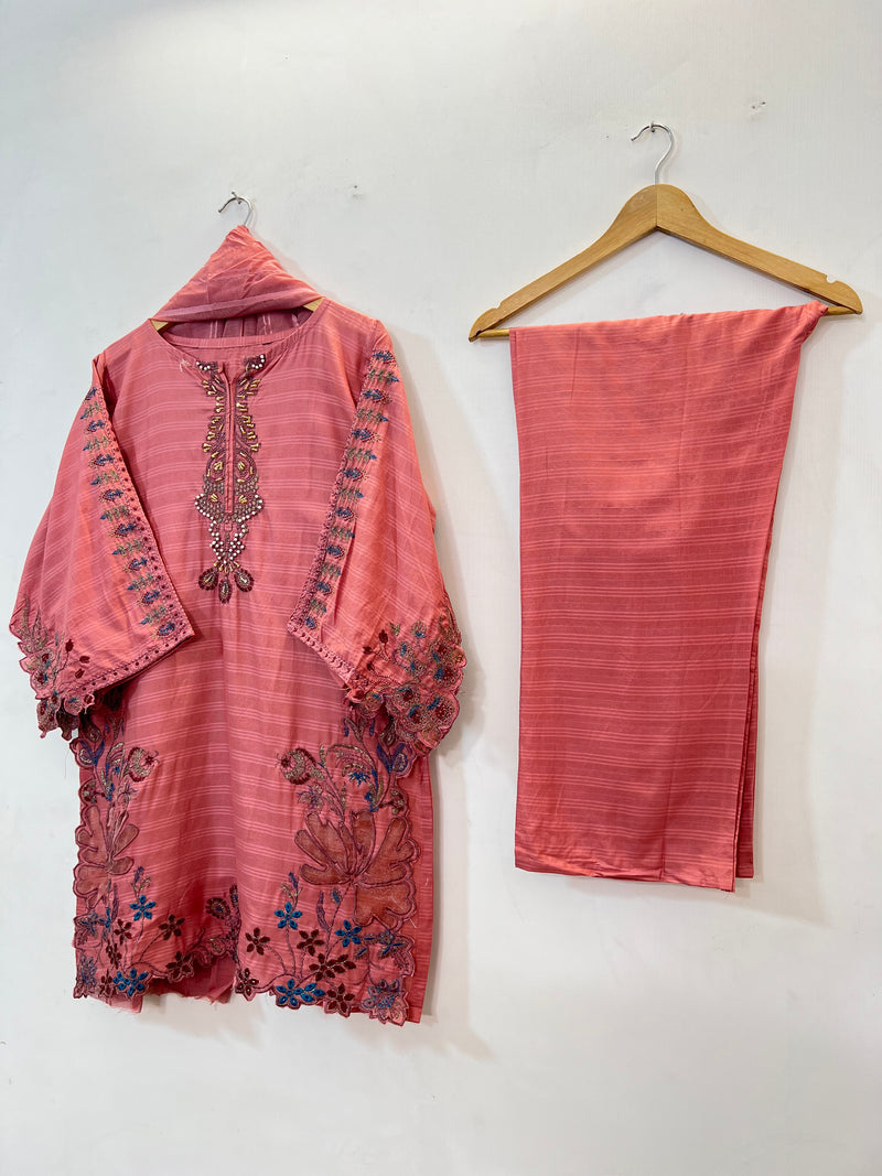 Cutwork Embroidered 3PC (Cotton Lawn) 04-Tea Pink