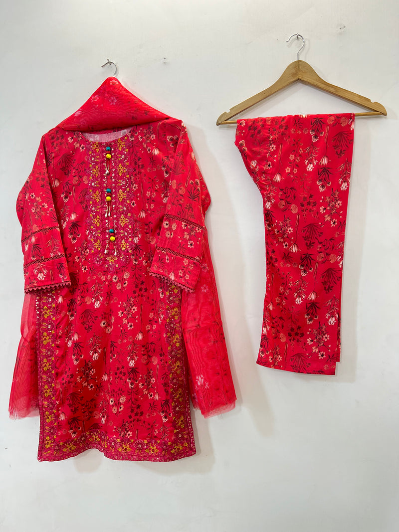 Embroidered 3PC (Lawn) 02-Hot Red