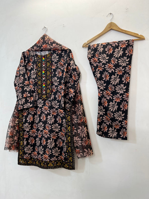 Embroidered 3PC Lawn 02-Black