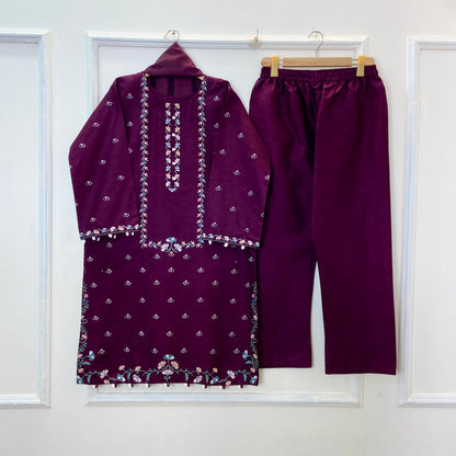 Cross-Stitched Petals Embroidered 3PC (Cotton)D-172
