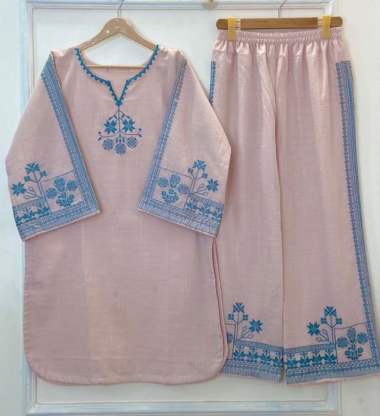 Skyblue Beige Charm 2PC (Cross-Stitch Embroidery) (Khaddar) D-277