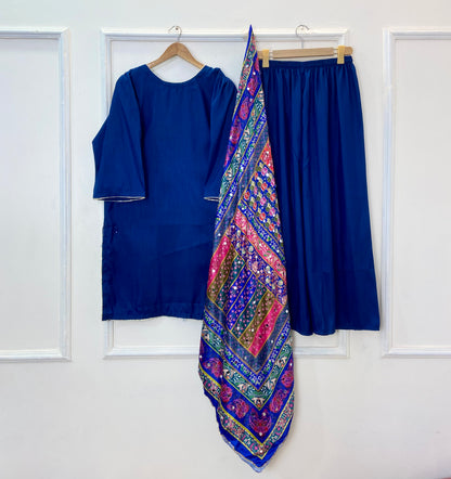 Glamorous 3PC With Mirror Work Shawl (Flowy Silk) D-321