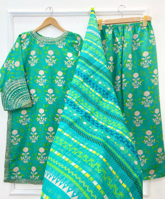 Emerald Embroidered 3PC (Bana Dora Silk) D-370