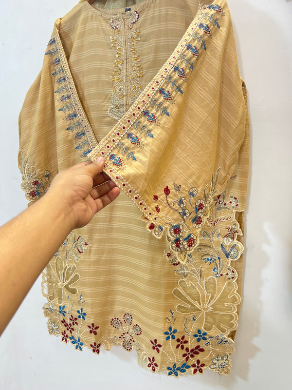 Cutwork Embroidered 3PC (Cotton Lawn) 04-Beige