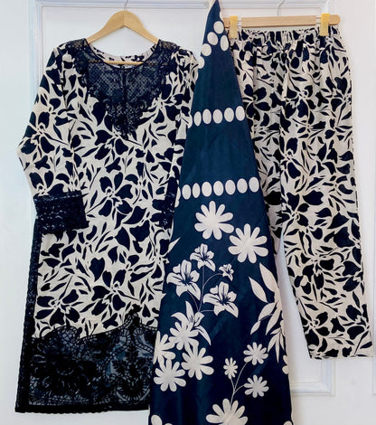 Black Swan Embroidered 3PC (Premium Cotton) D-337